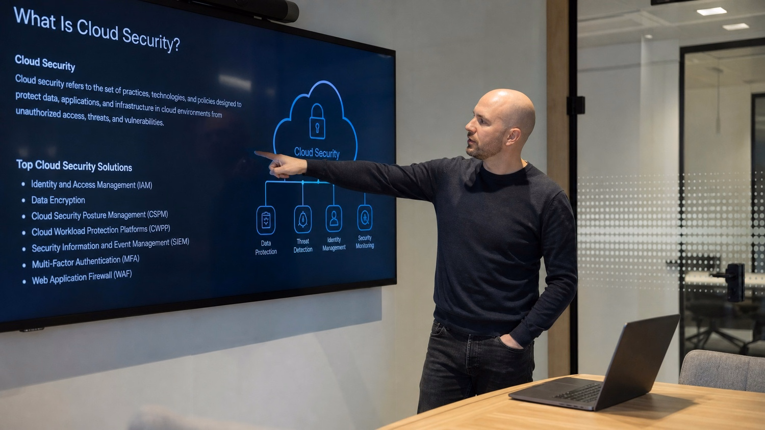 PRESENTATION SCREEN An IT professional one person standing beside a large wa