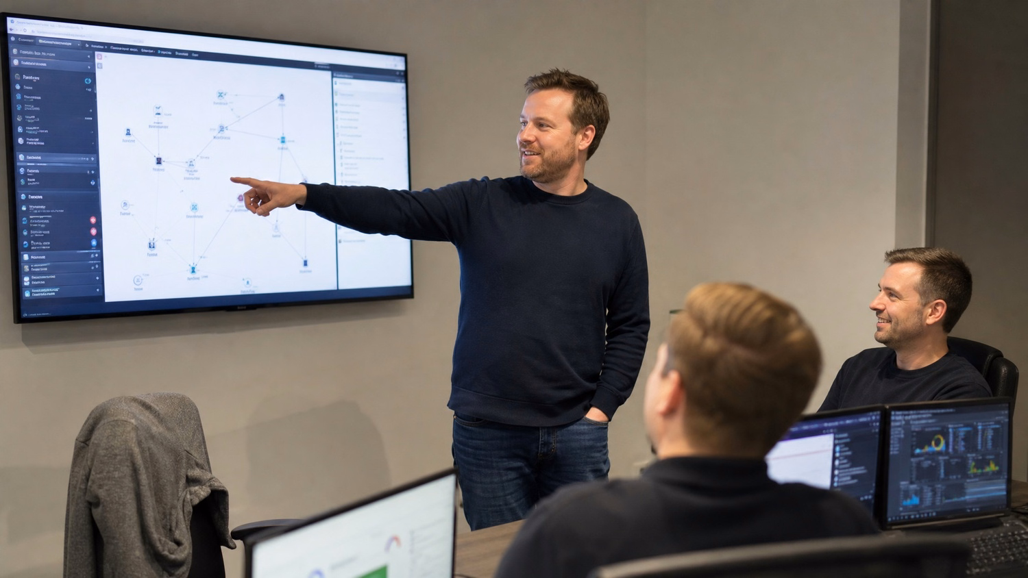 Man pointing at wall-mounted network diagram screen