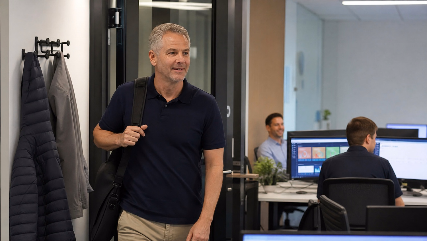 Man in polo shirt walks into office with laptop bag