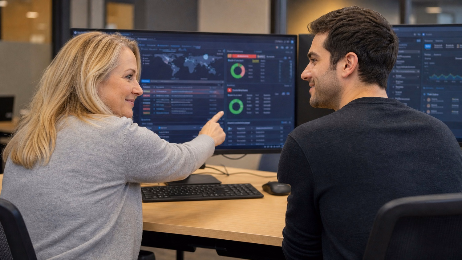 Woman and man review network security dashboard at table 63