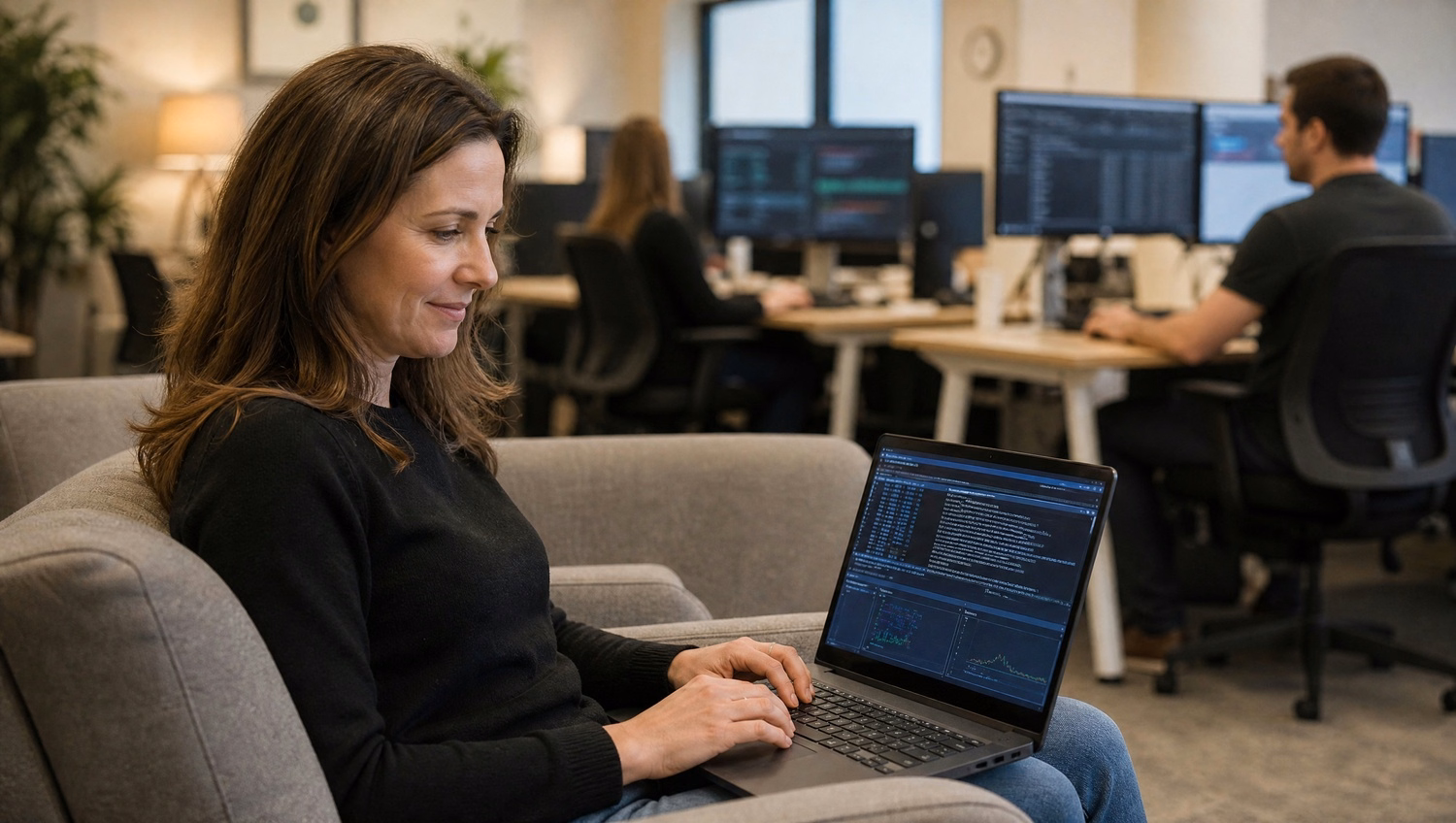 Woman working on laptop in bright lounge, log entries visible 66