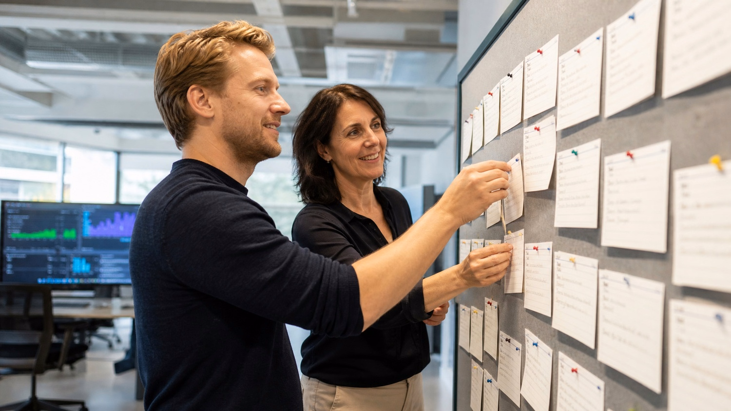 Team planning at pinboard with index cards, 30s man, 40s woman