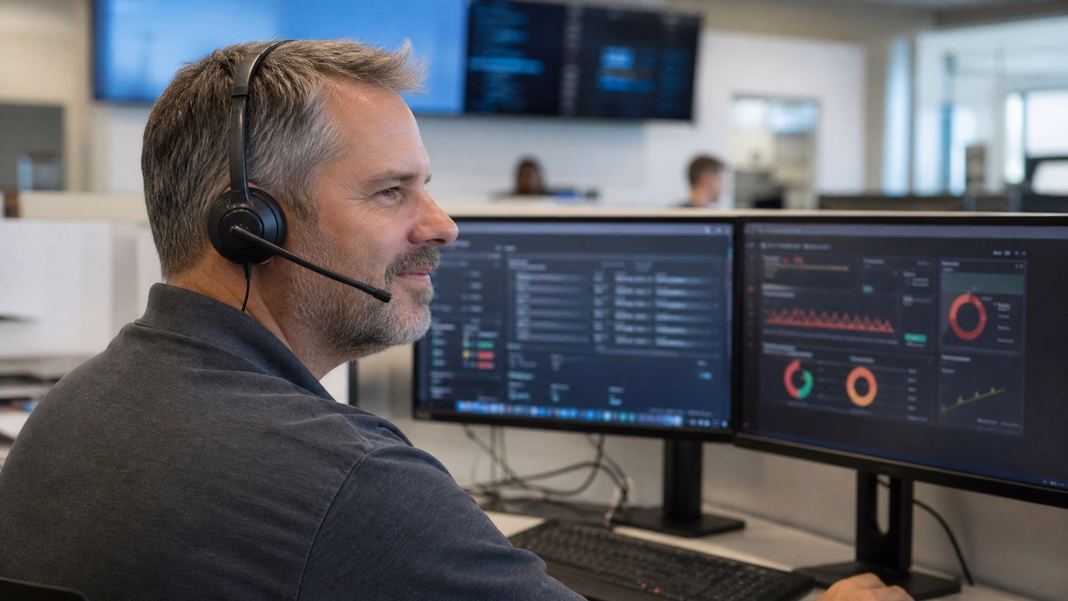 Help desk analyst wearing headset reviews security alerts