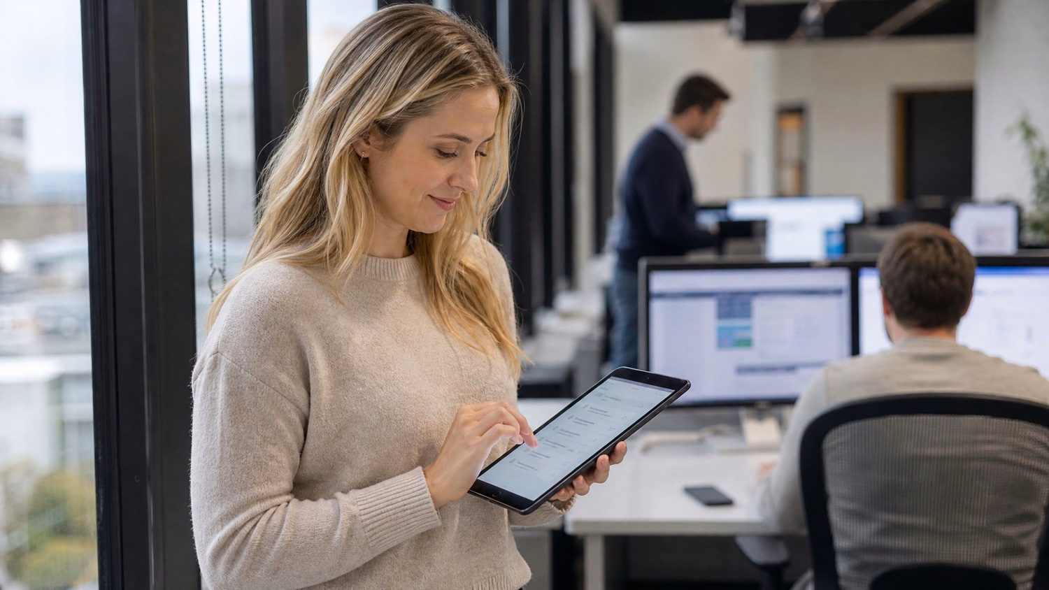 Woman reviewing pending compliance checklist on tablet