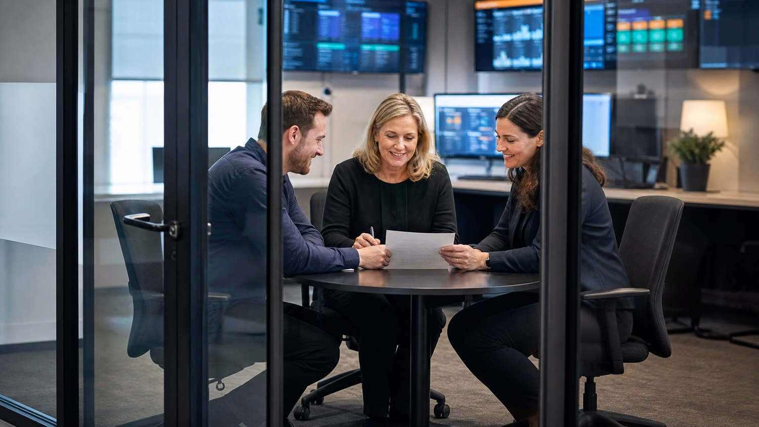 Three IT pros huddle around conf table, glass room