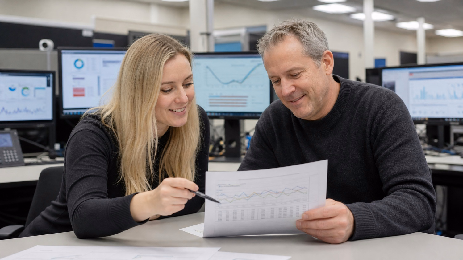 Woman and man review VoIP bandwidth test results