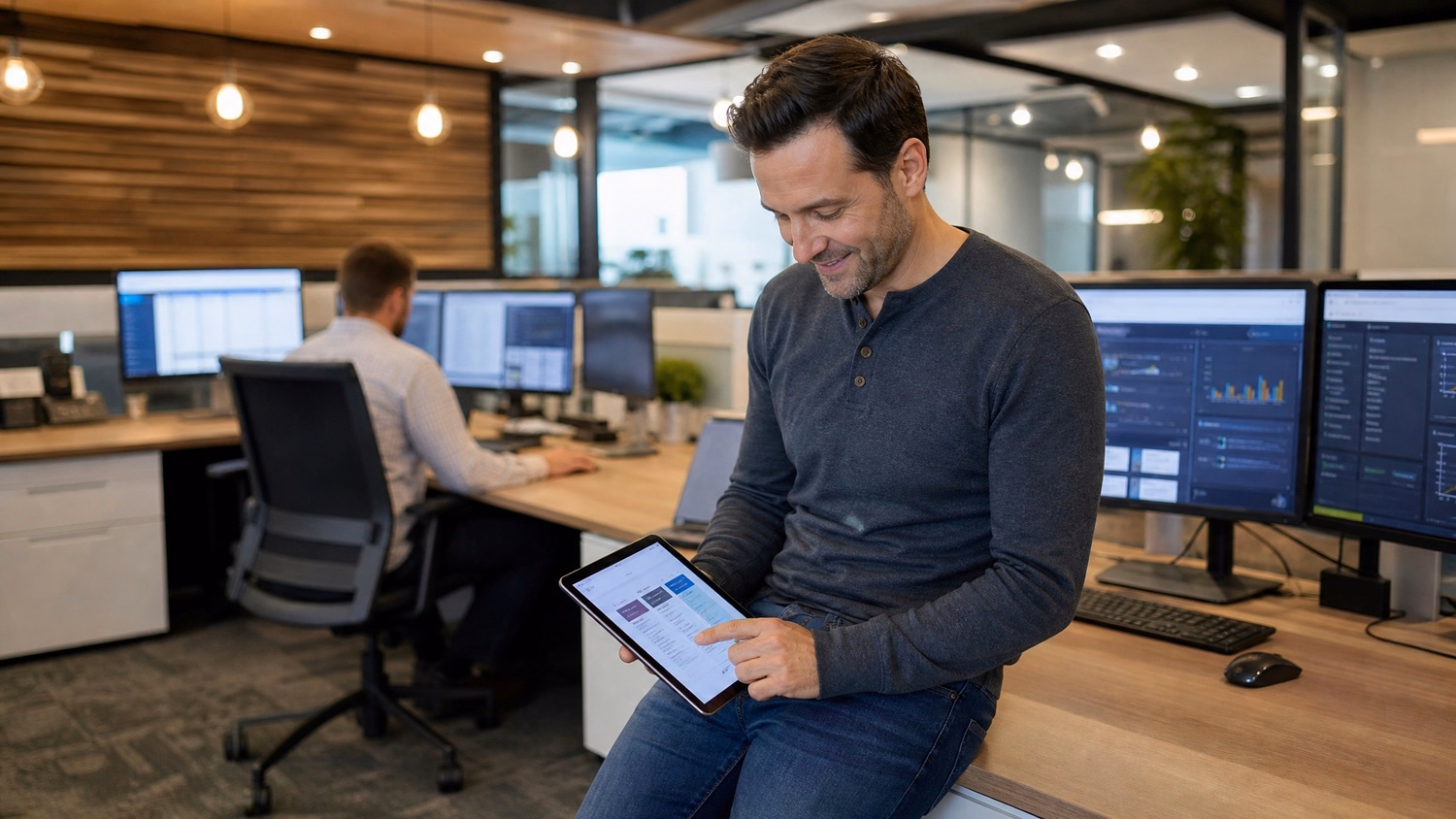 Man on desk edge reviews VoIP pricing on tablet