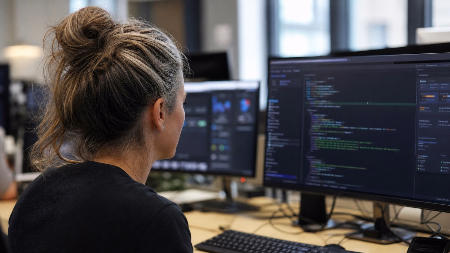 Woman reviews dark screen, green code highlighted, cursor