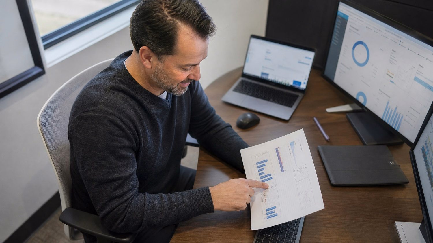 Man reviews report at tidy desk, pointing at data