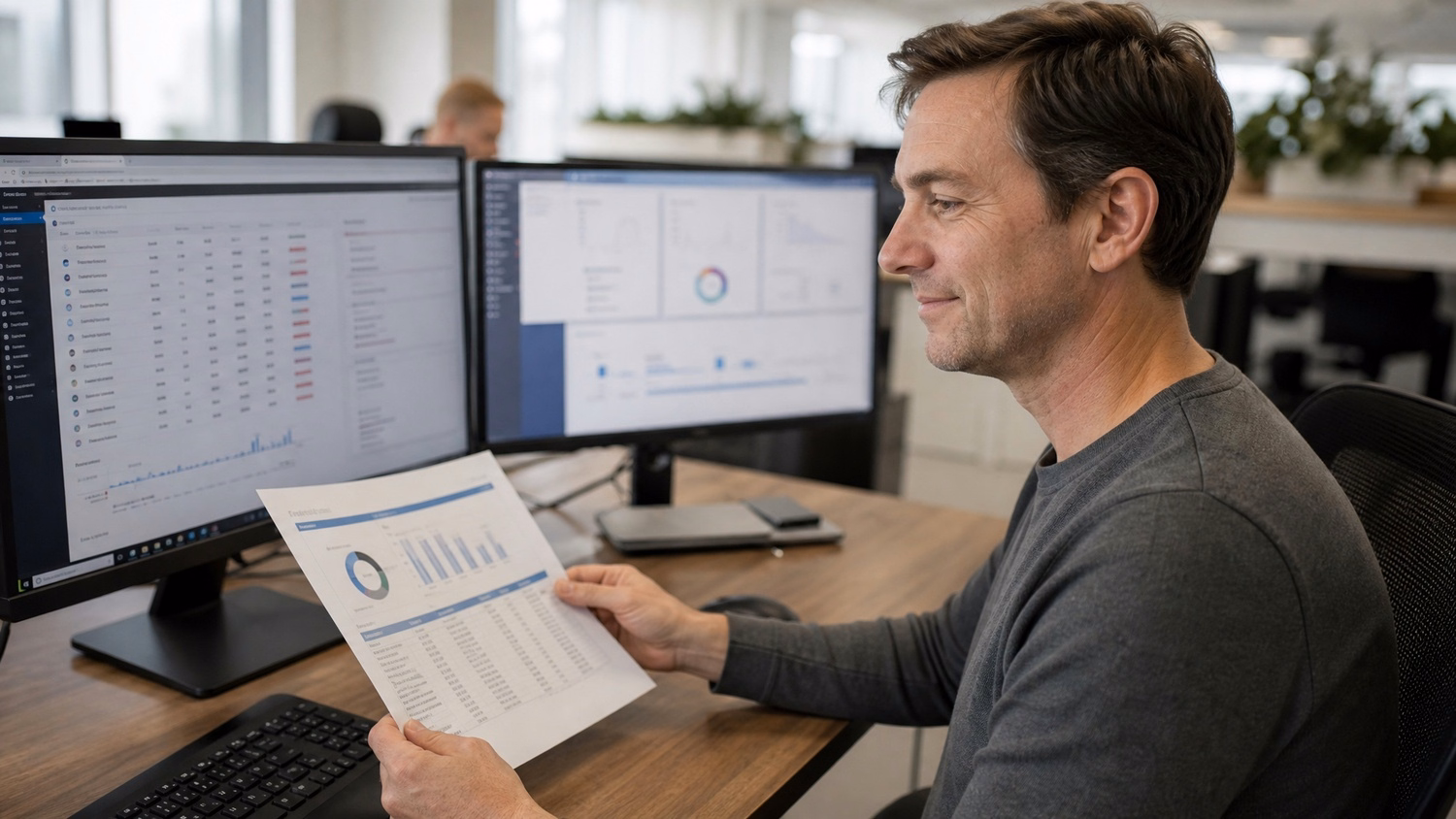 Man compares printed data breach report to screen 61 chars