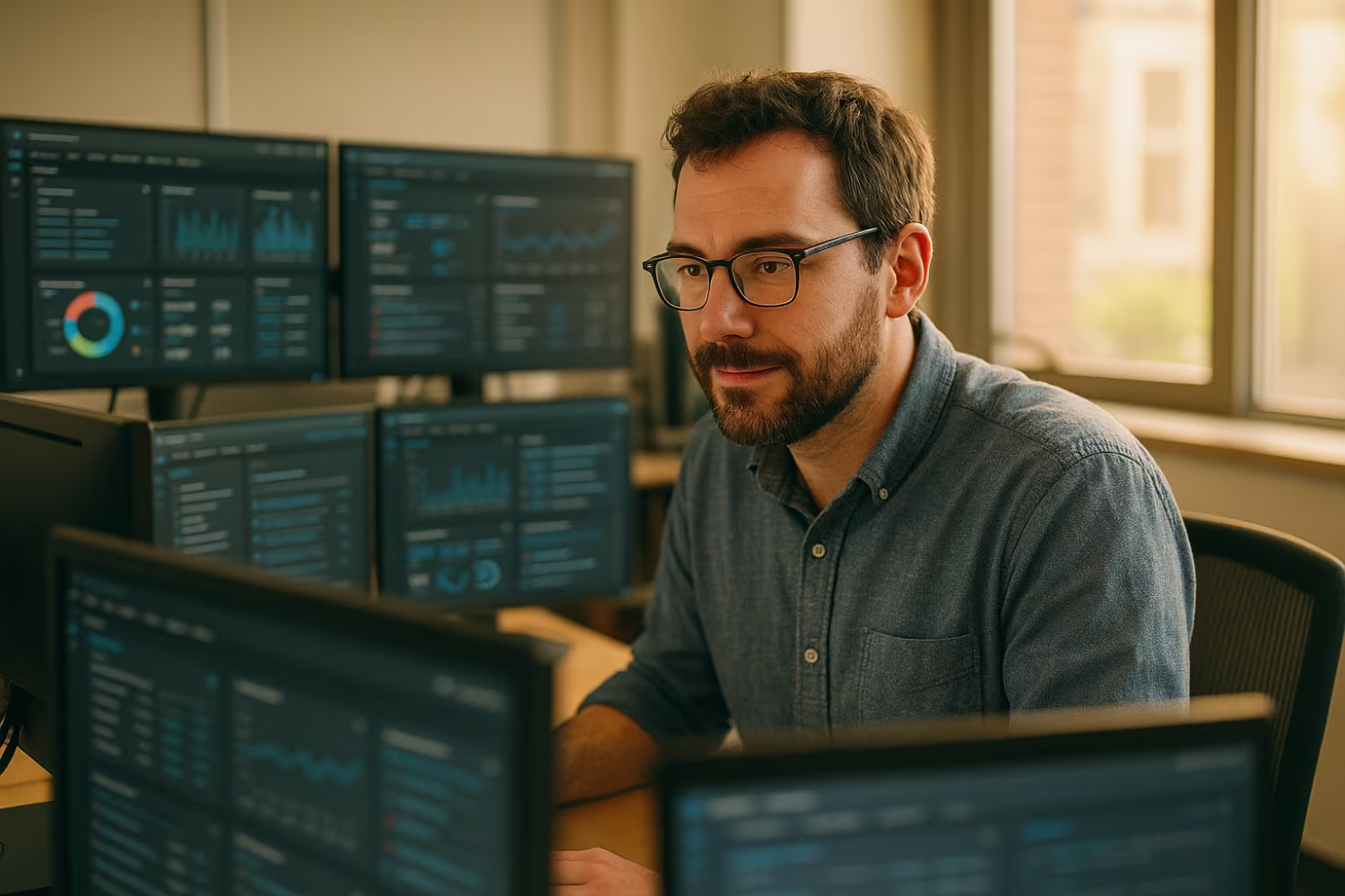 IT professional examining patch management dashboards