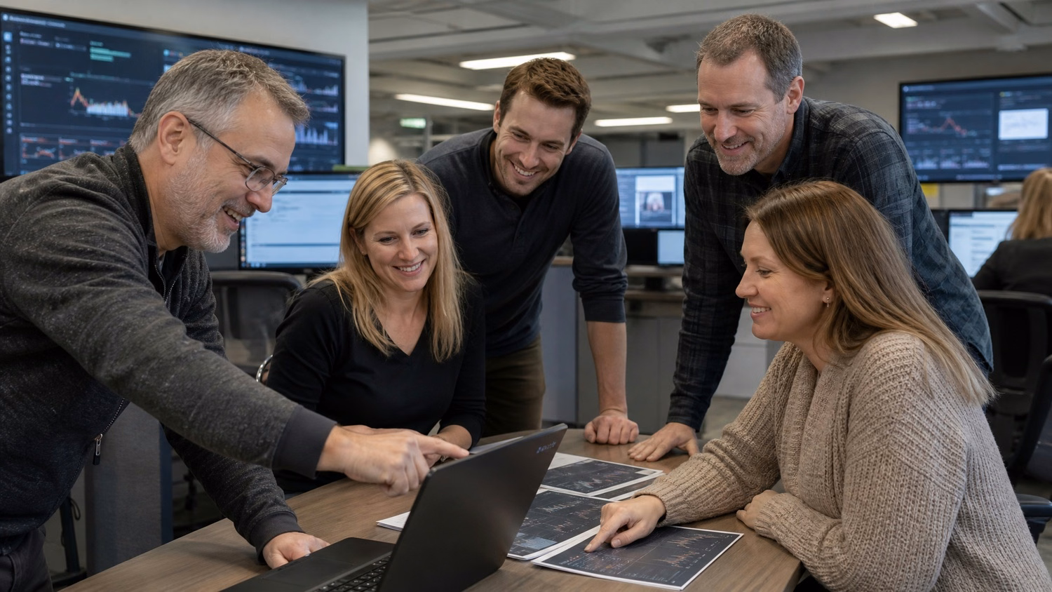IT team collaborating around breakout table discussion