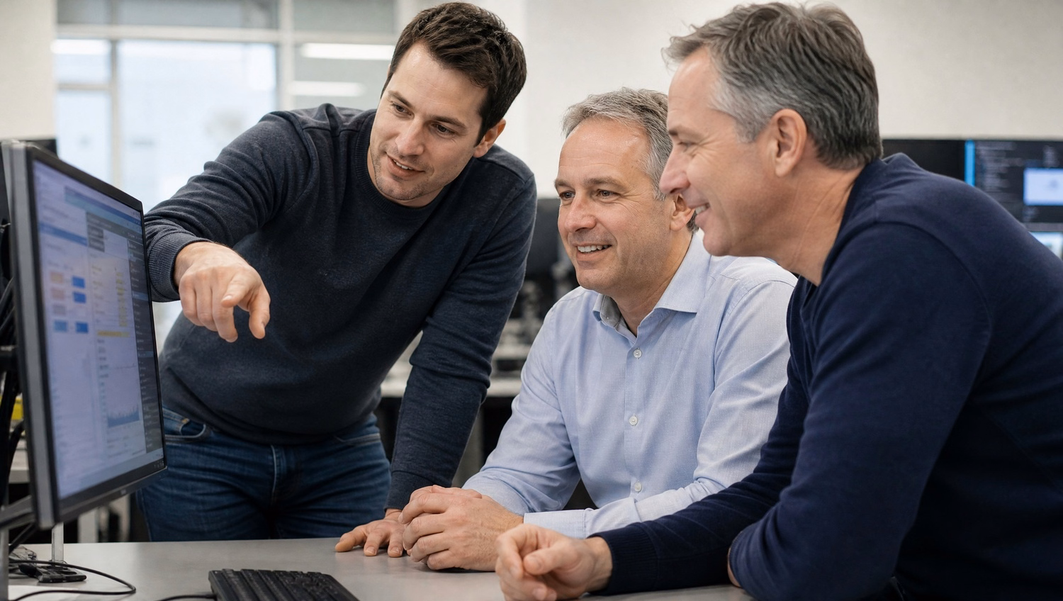 Three men review security report on one monitor