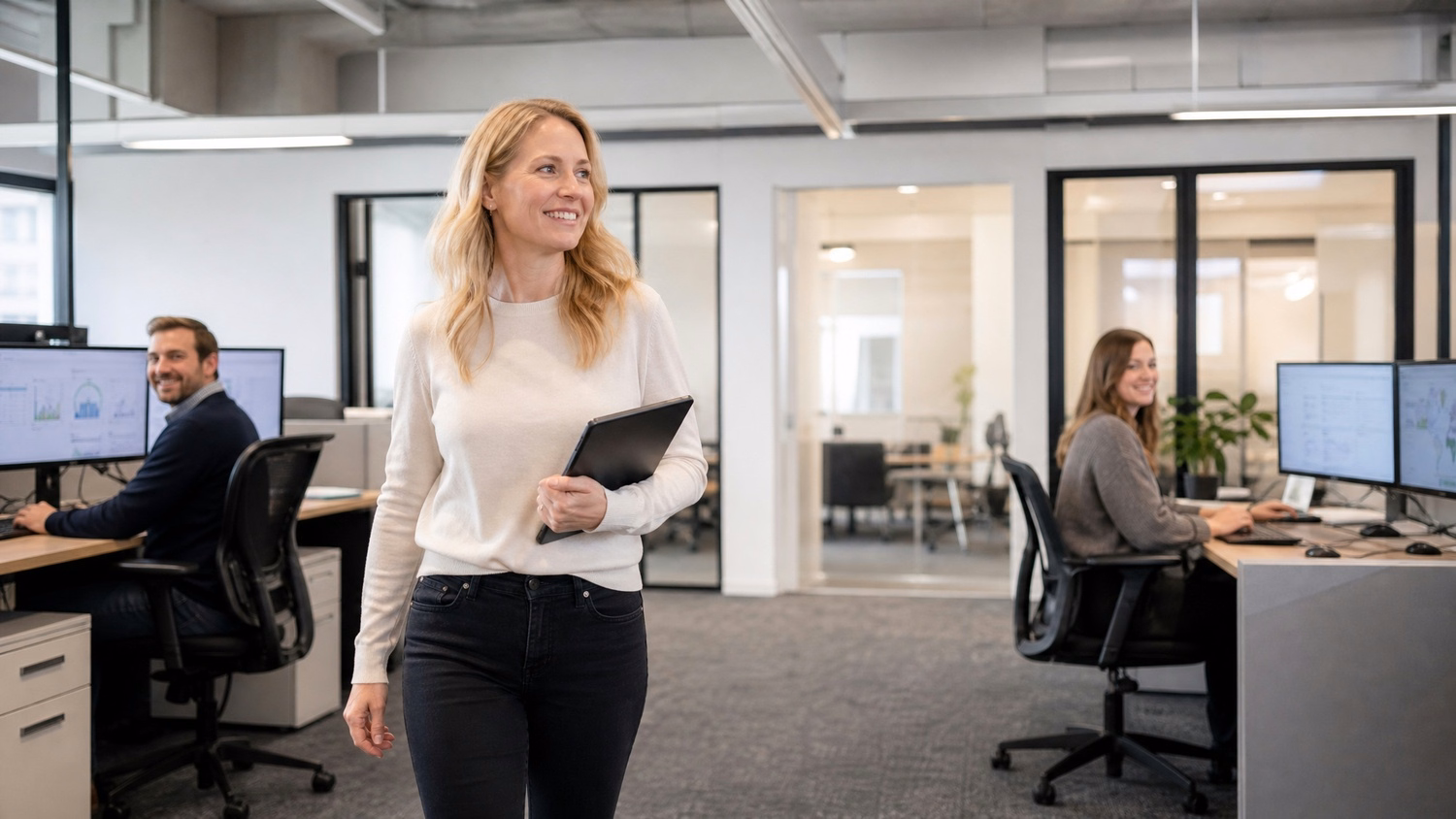 Woman walking with tablet in open office, colleagues at desks