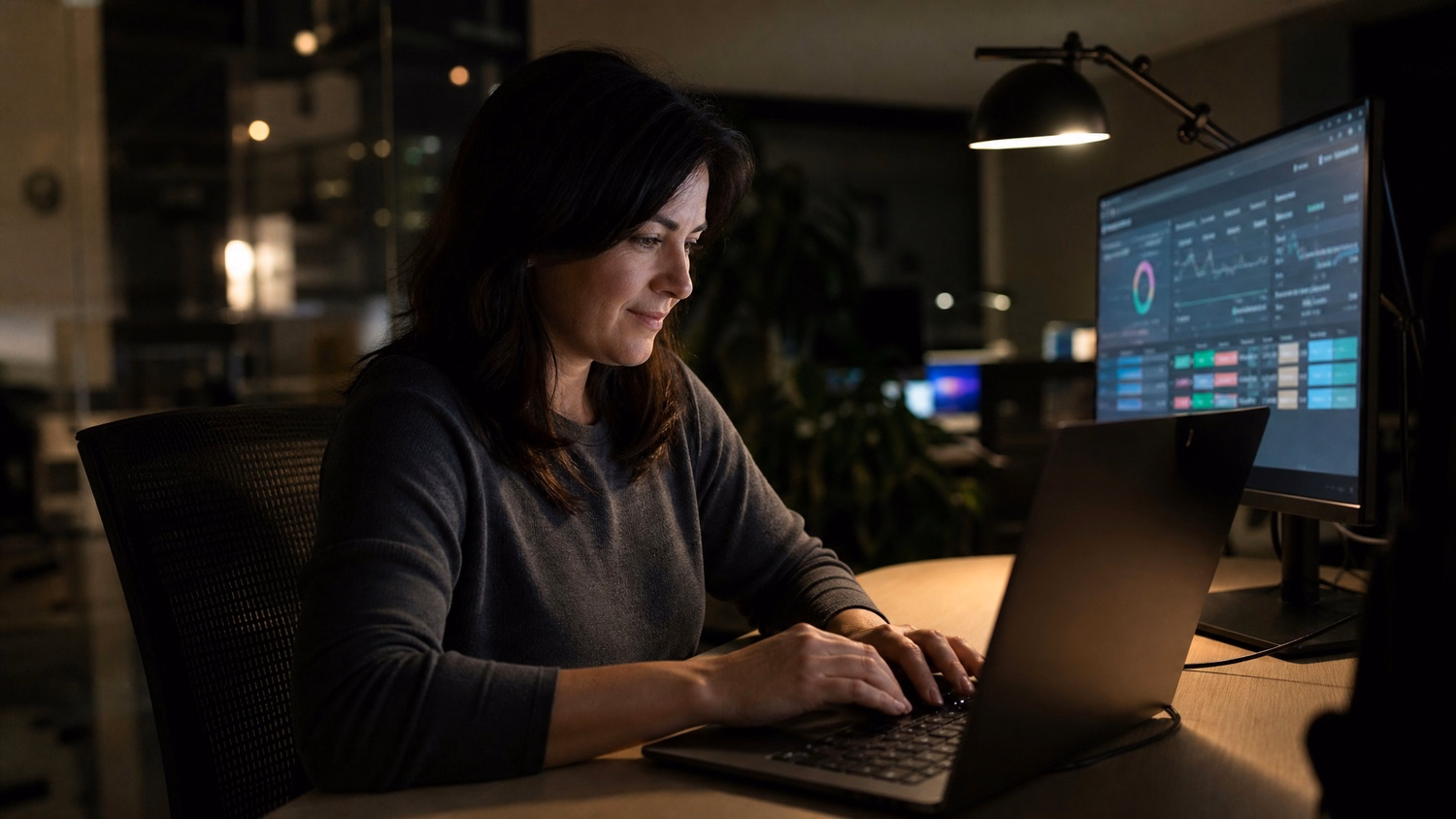 Woman reviews network dashboard at dimly lit desk