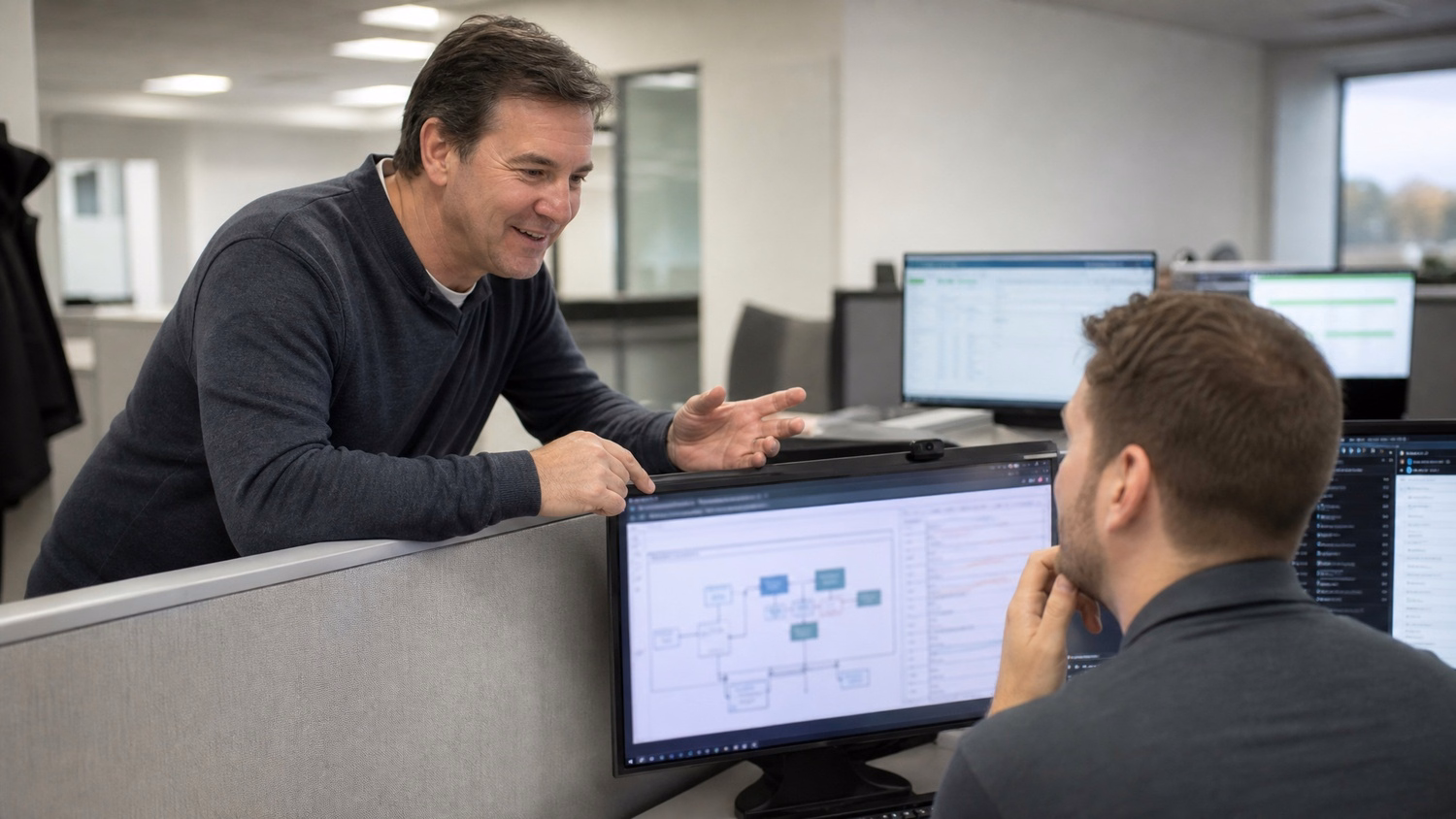 Man explains workflow diagram on monitor to colleague 70