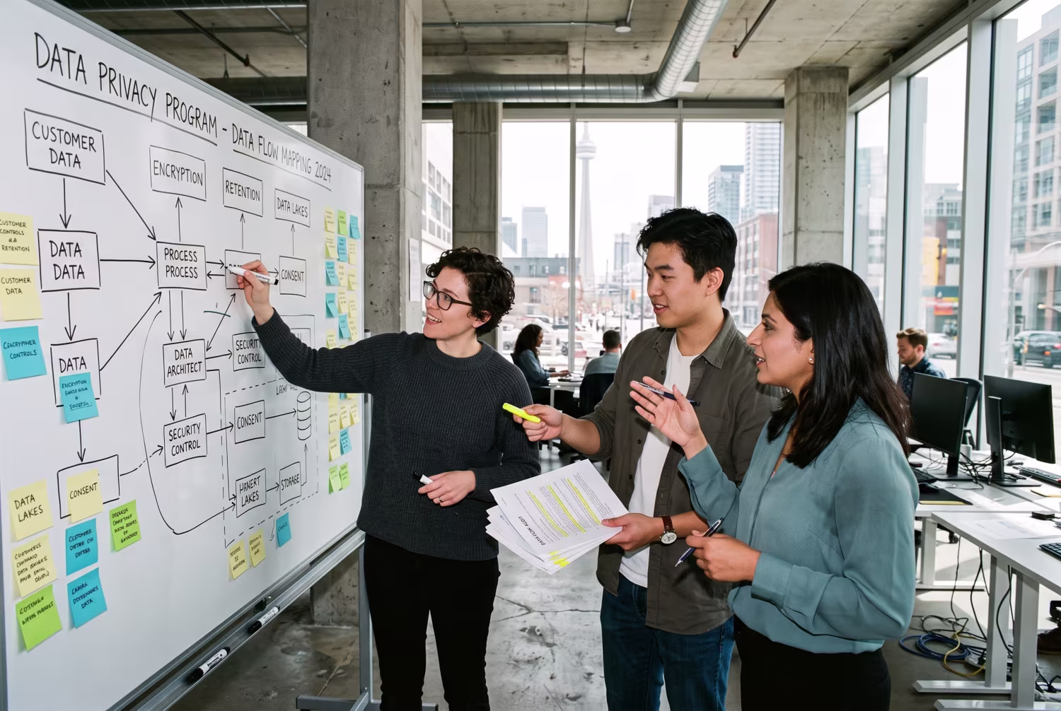 Three IT professionals collaborating on whiteboard in Toronto office