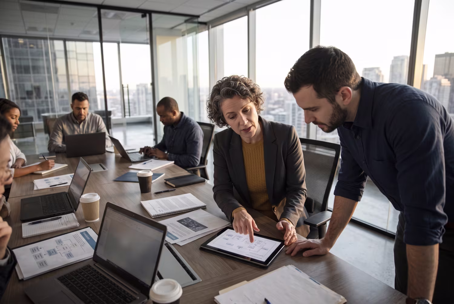 IT professionals discussing cybersecurity diagram in Toronto office