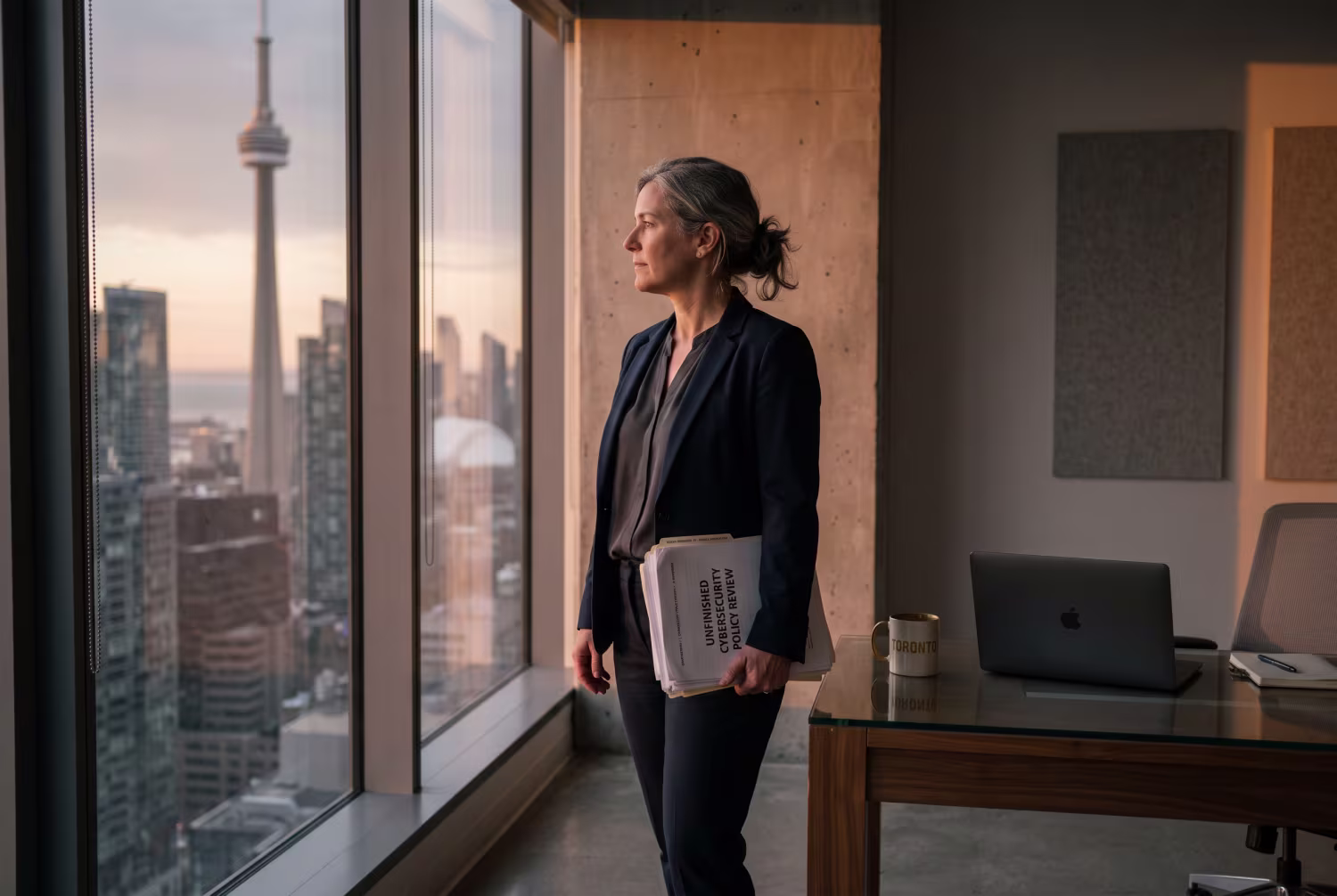 Toronto business executive reviewing cybersecurity policy near window