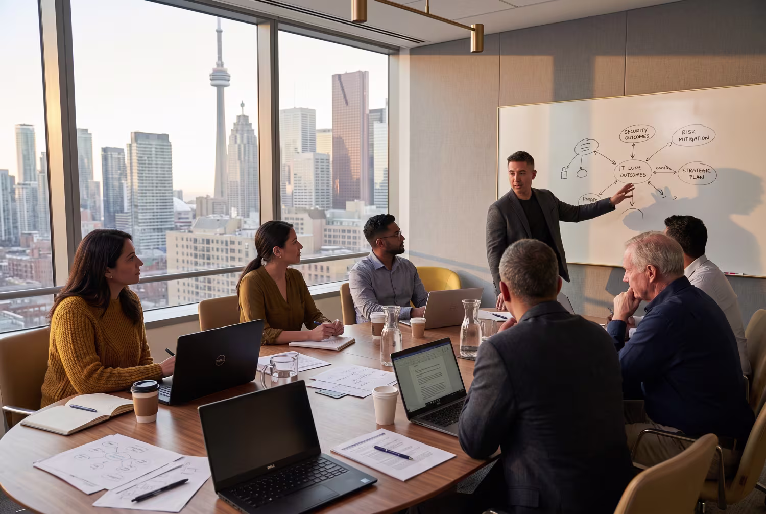 Diverse team discussing managed IT services Ontario in conference room
