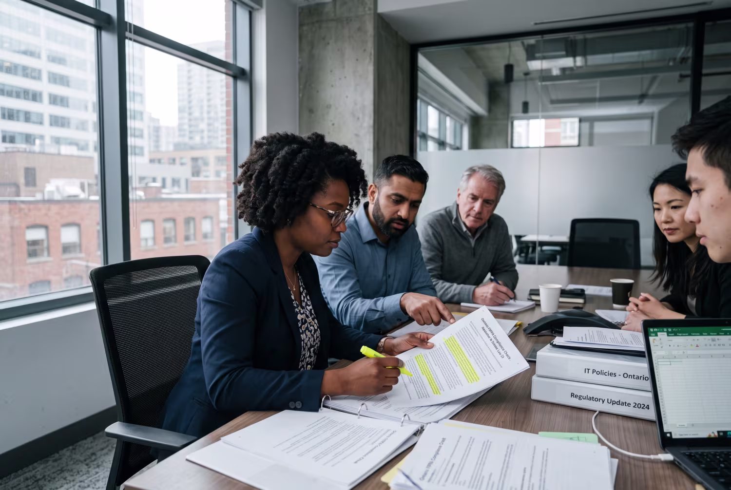 Diverse IT team in Toronto discussing Ontario privacy law documents