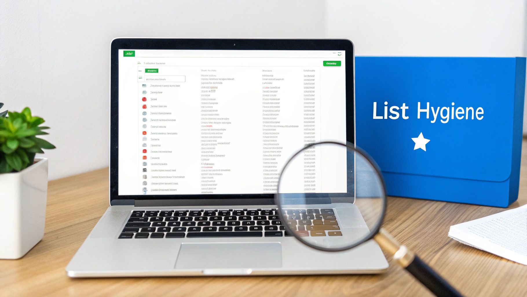 A laptop displays data lists, next to a blue folder labeled "List Hygiene" and a magnifying glass.