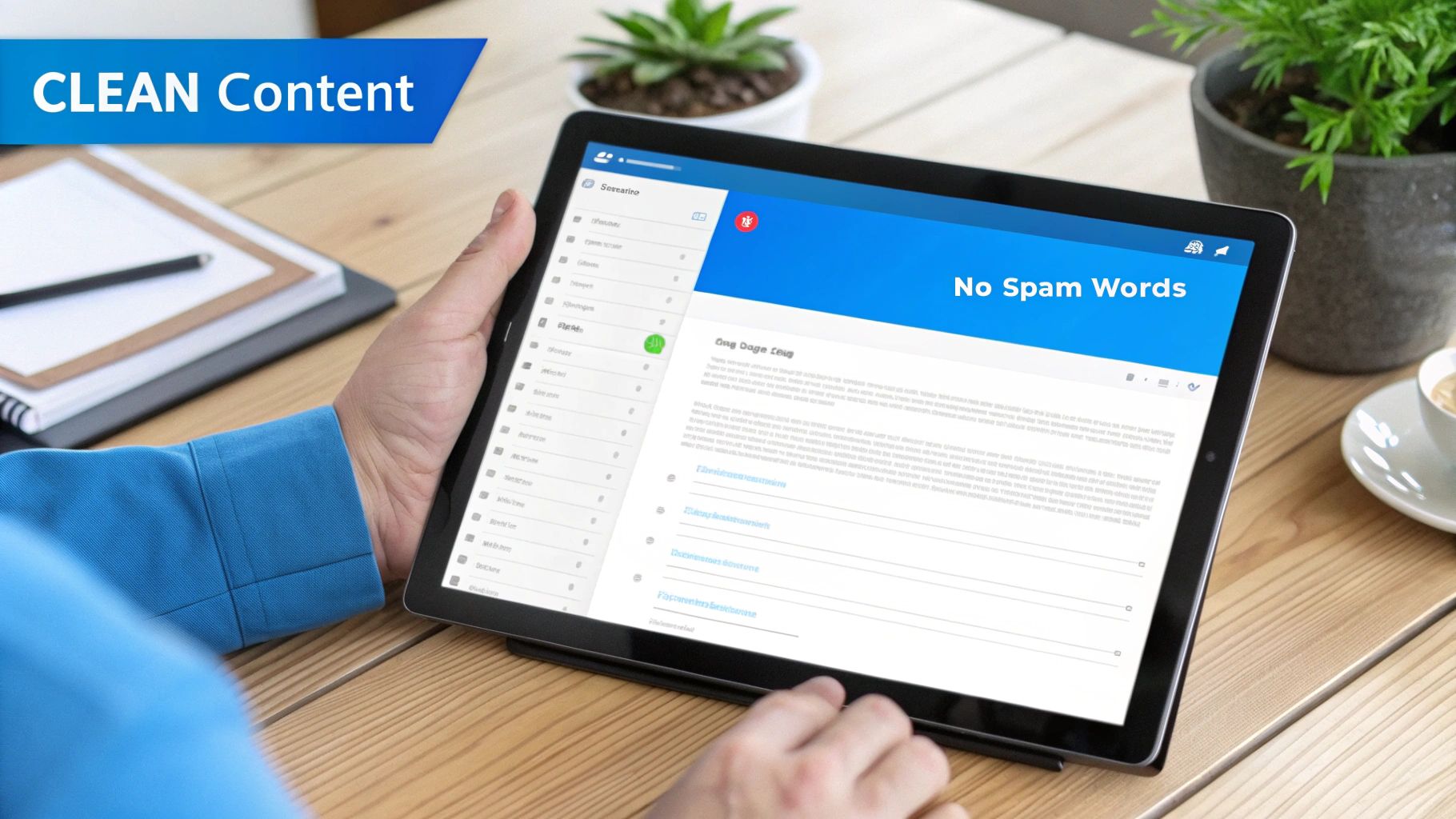 A person holds a tablet displaying an email editor with 'No Spam Words' on the screen, emphasizing clean content.