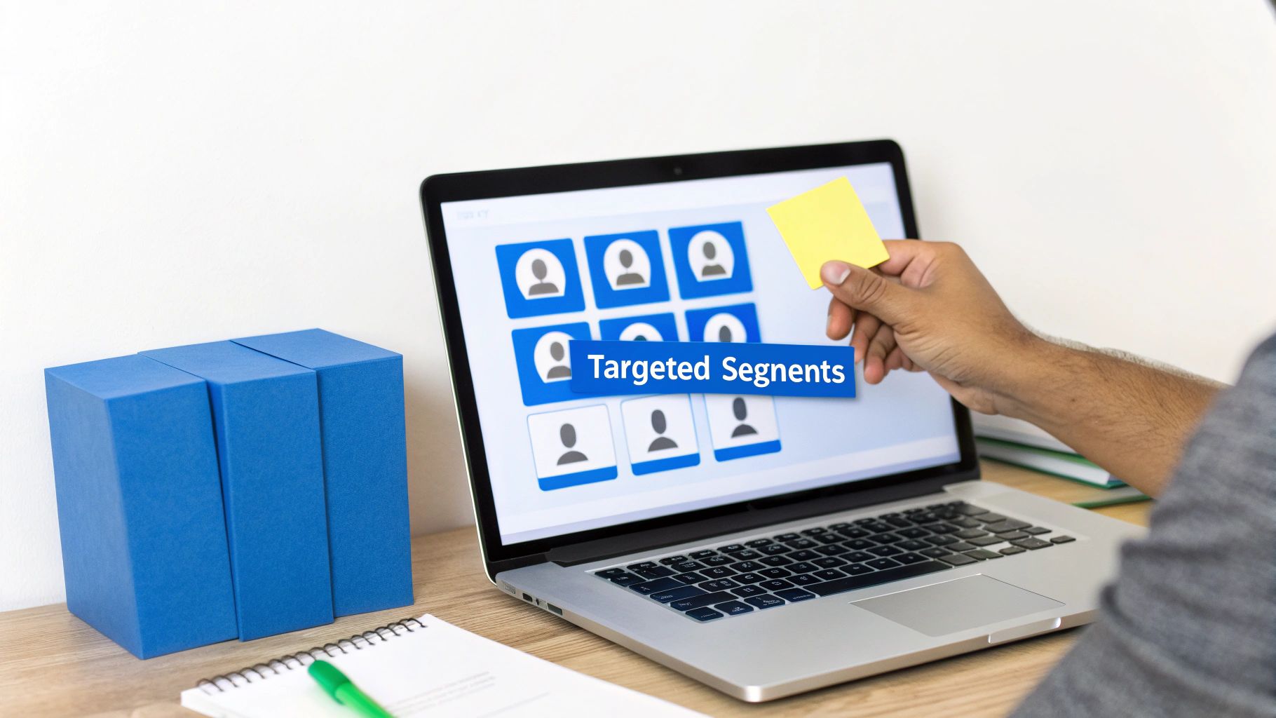 A person's hand holds a sticky note near a laptop displaying 'Targeted Segments' and user icons.