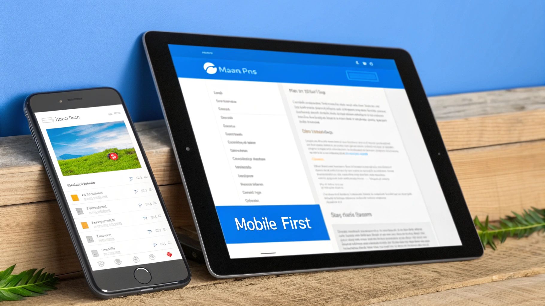 Two devices, a smartphone and a tablet, display responsive digital interfaces with a 'Mobile First' banner.