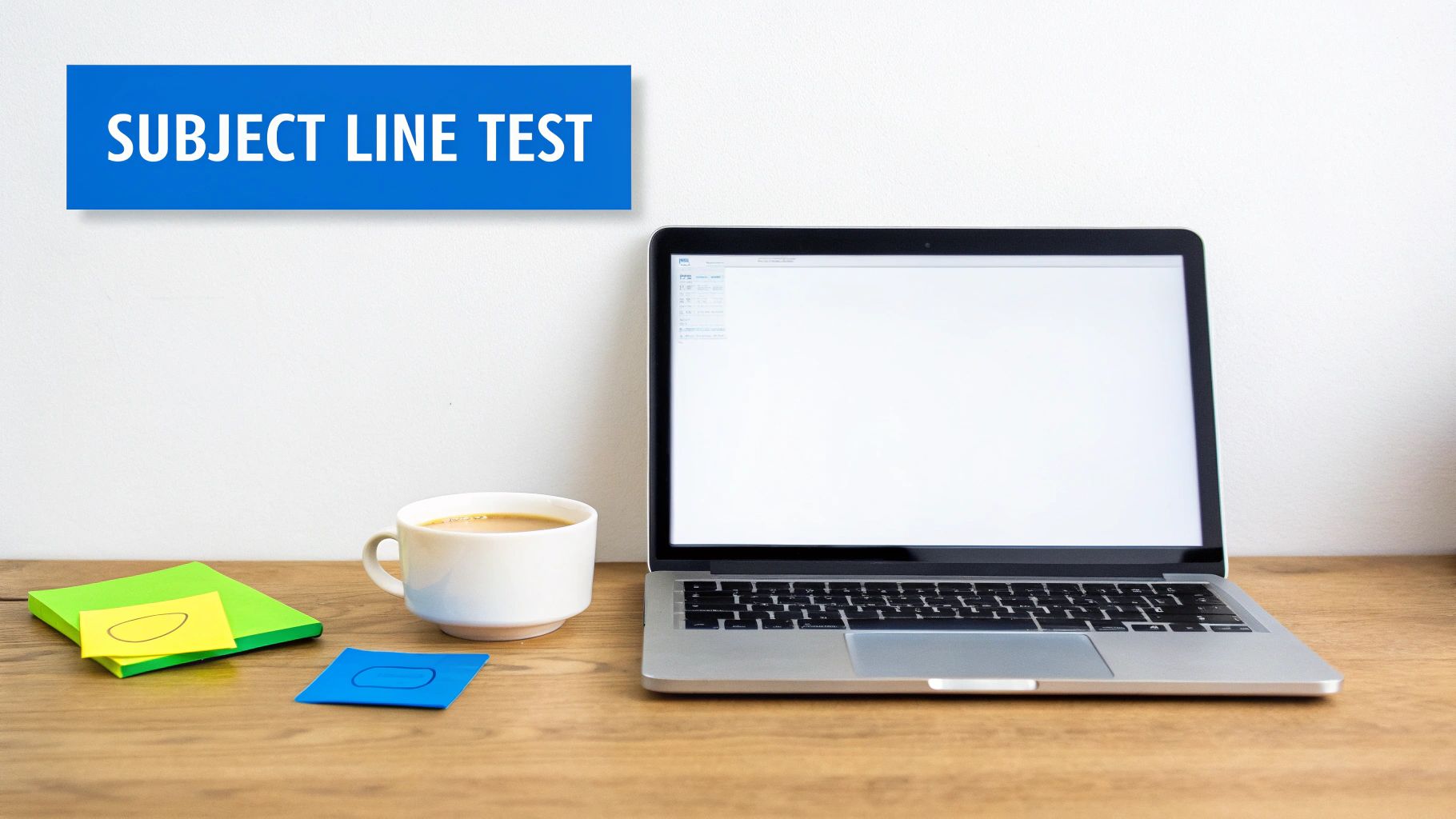 A desk with a laptop, coffee, and sticky notes, with a 'SUBJECT LINE TEST' banner on the wall.