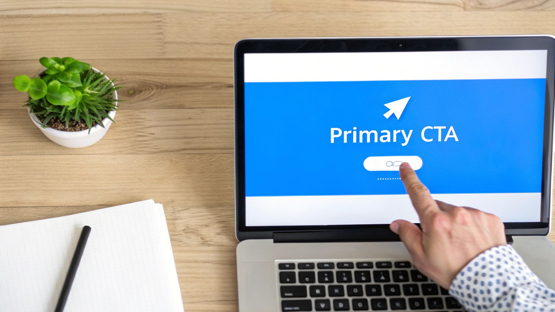 A hand clicks a 'Primary CTA' button on a laptop screen, emphasizing call-to-action in email campaigns.