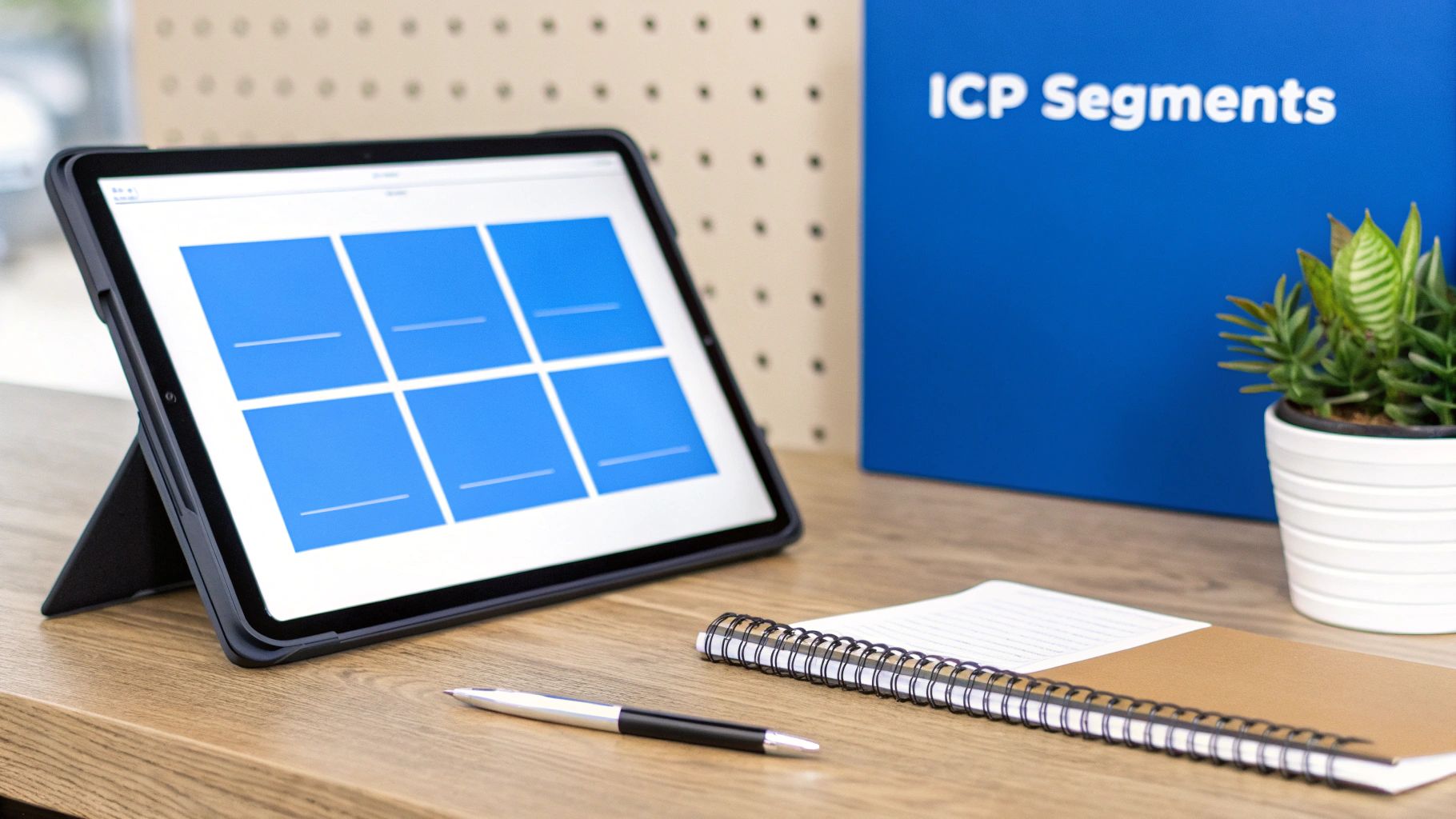 A tablet on a desk shows a grid of blue segments, with a pen, notebook, and 'ICP Segments' sign nearby.