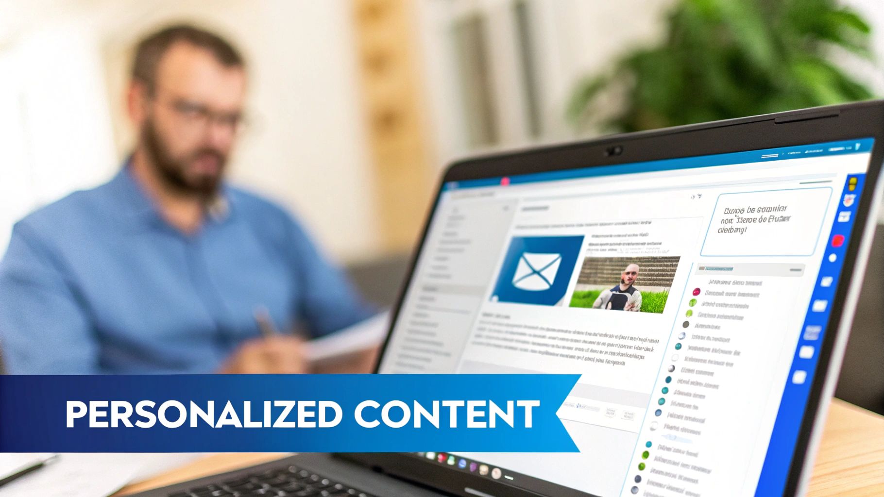A person works on a laptop displaying a personalized content email interface with a blue banner.