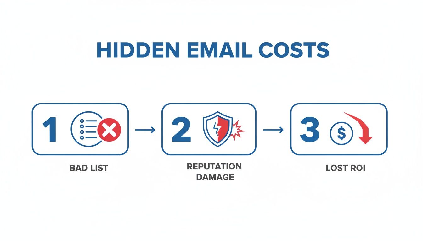 Flowchart showing hidden email costs: bad list leads to reputation damage and lost ROI.