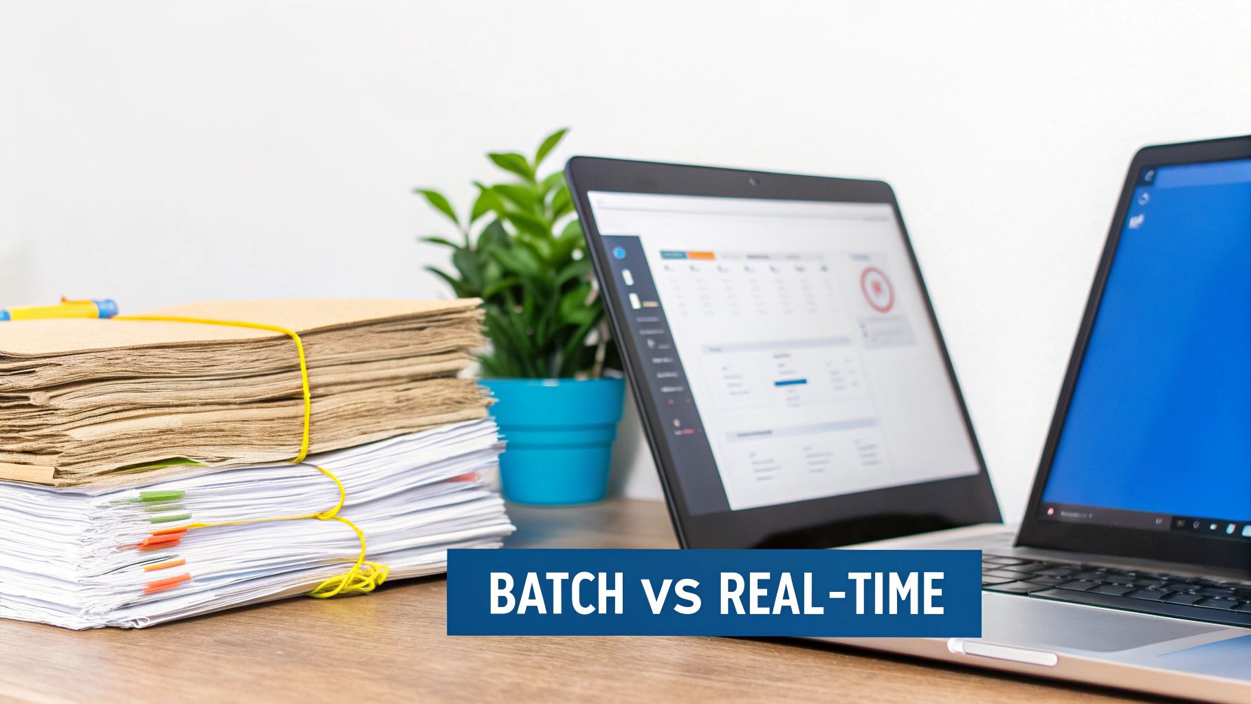 A stack of physical documents next to two laptops displaying data, illustrating batch vs real-time processing.
