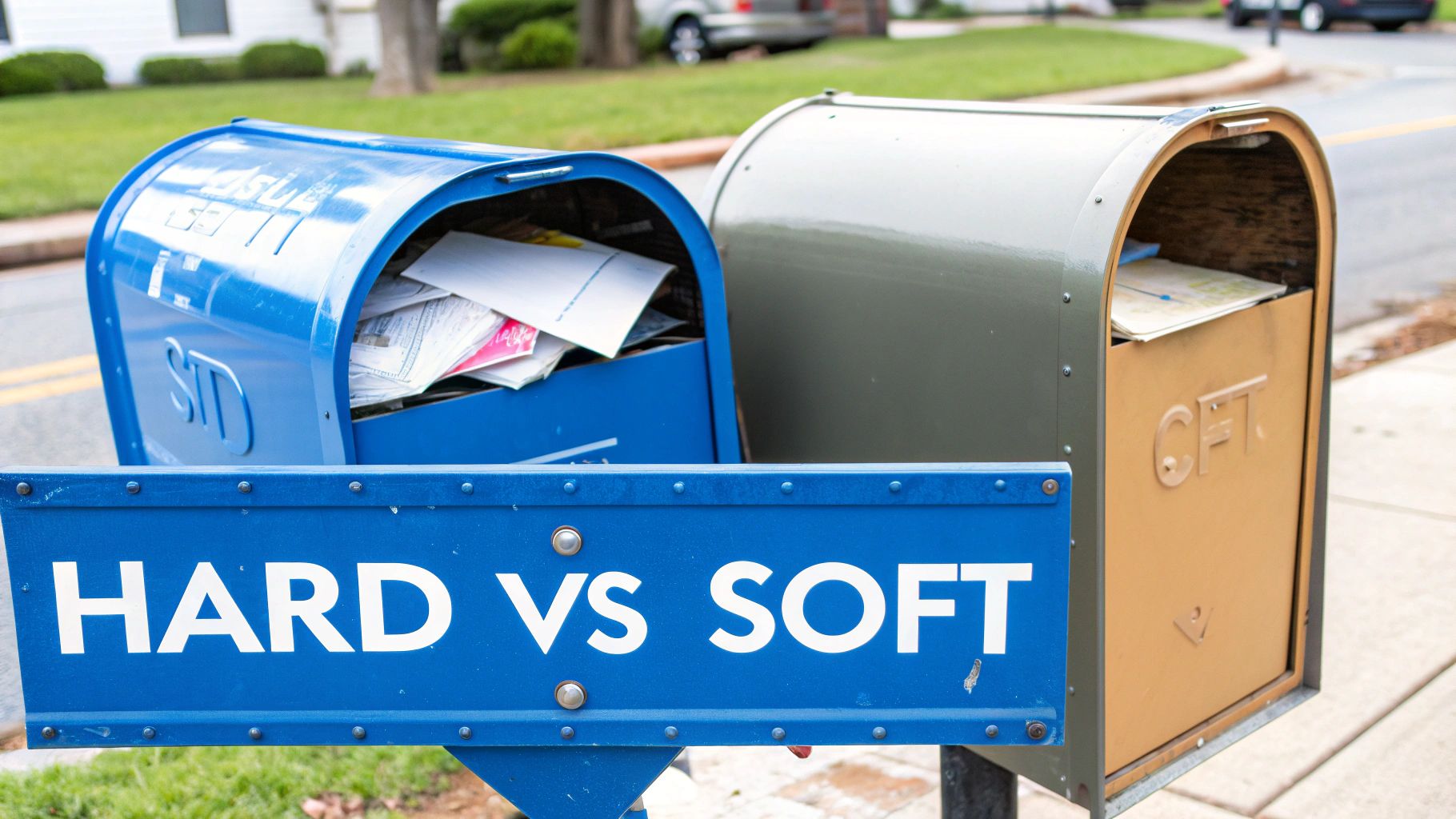 Two overflowing mailboxes, one blue and one olive green, with a blue sign reading 'HARD VS SOFT'.