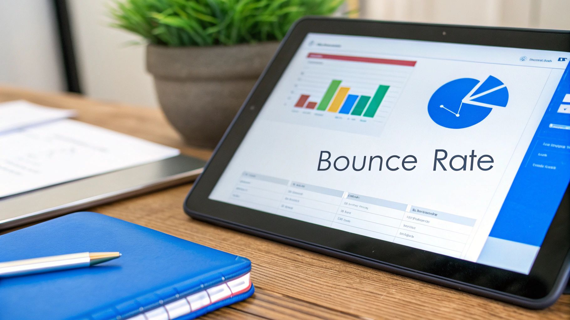 Tablet showing 'Bounce Rate' statistics and charts on a wooden desk, with a notebook and pen.