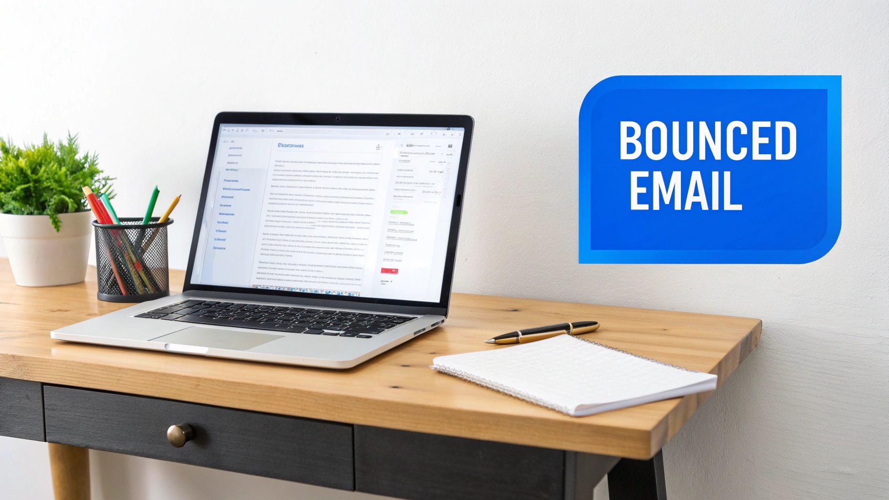 A laptop and office supplies on a wooden desk, with a blue 'BOUNCED EMAIL' sign.