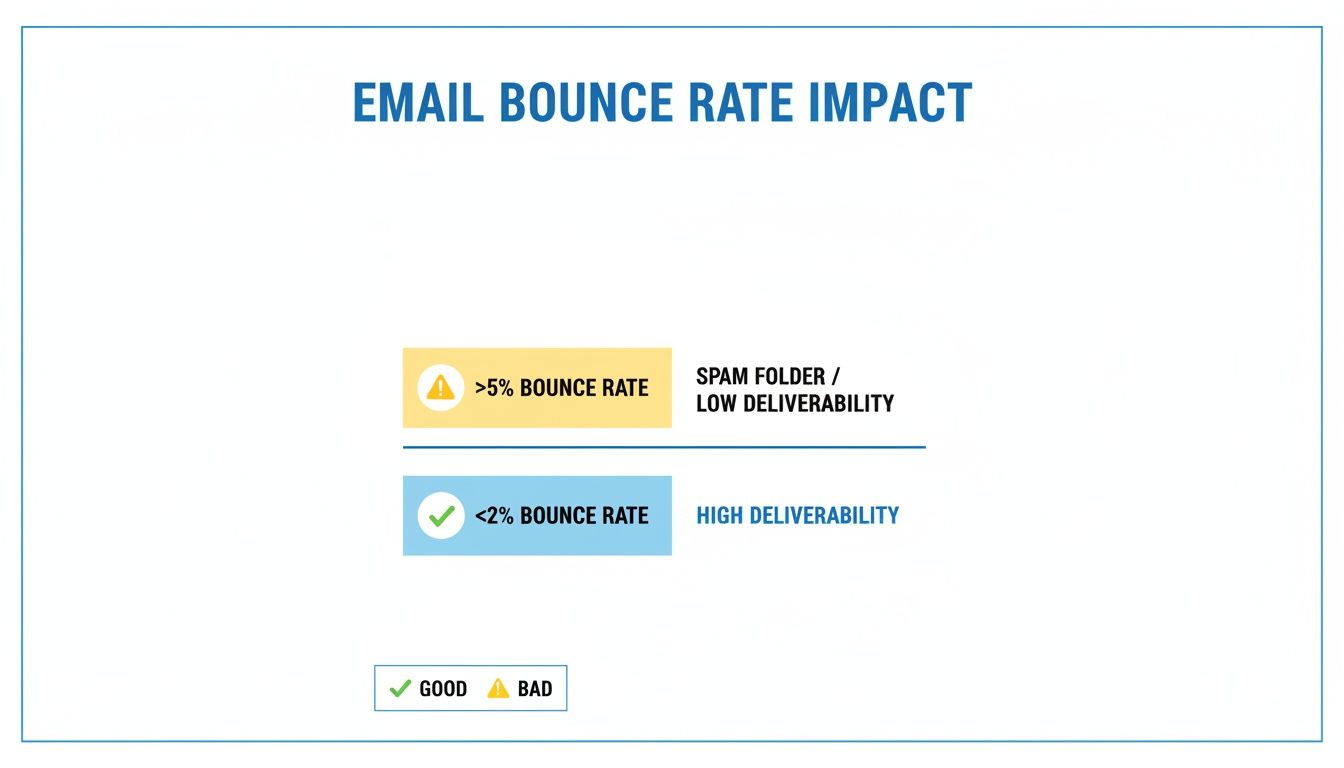 Visual guide illustrating email bounce rate impact on deliverability: >5% is low, <2% is high.
