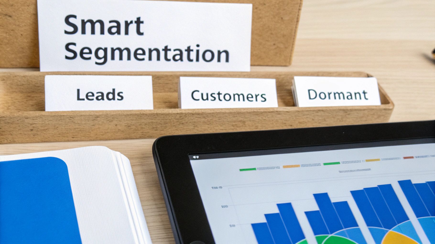 A desk setup showing a 'Smart Segmentation' organizer with 'Leads', 'Customers', 'Dormant' labels, alongside a tablet displaying data charts.
