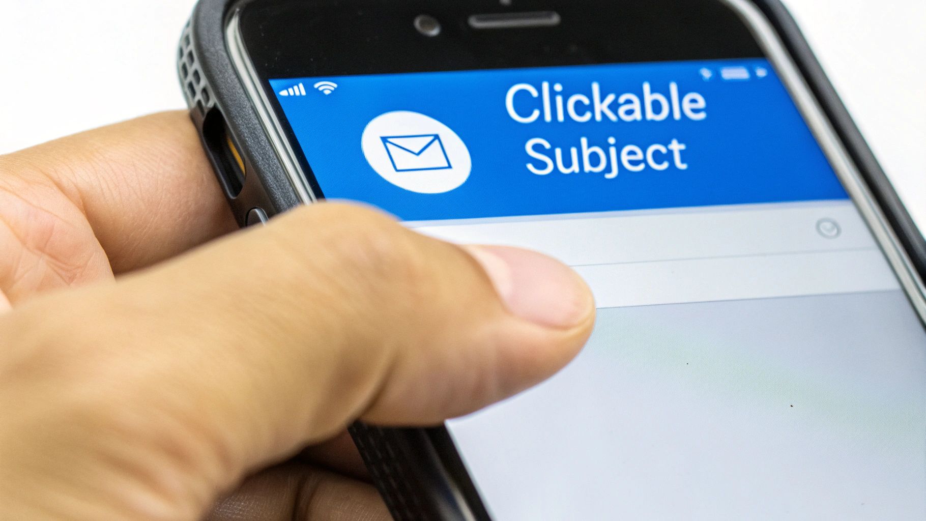 A hand holds a smartphone displaying an email app, highlighting a 'Clickable Subject' line.