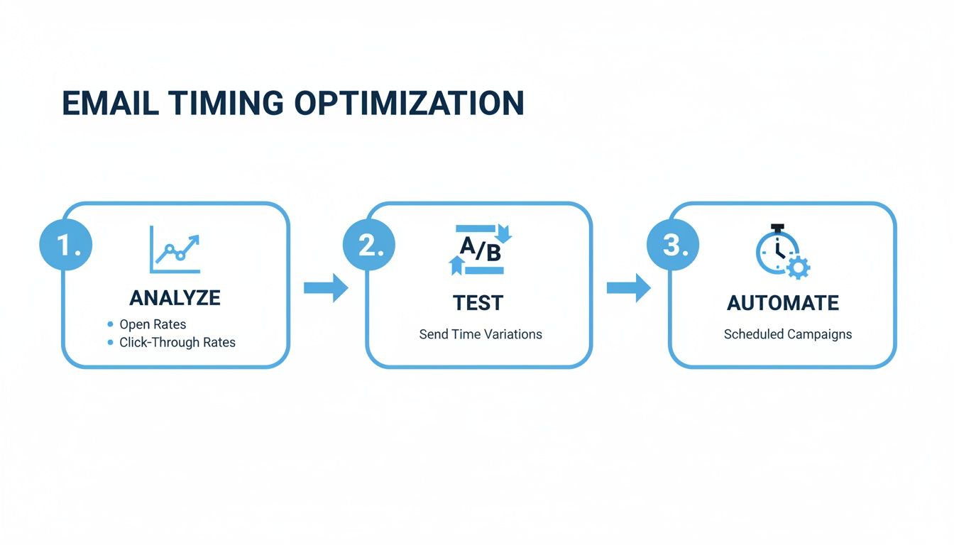 A three-step process for email timing optimization: analyze open rates and click-through rates, test send time variations, and automate scheduled campaigns.
