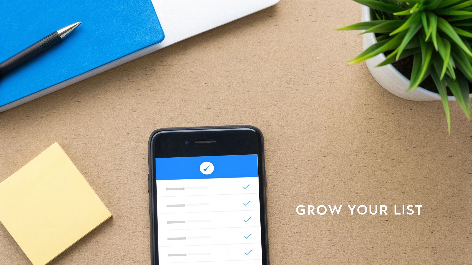 Overhead view of a desk with a phone displaying a checklist app, notebook, pen, and a plant.