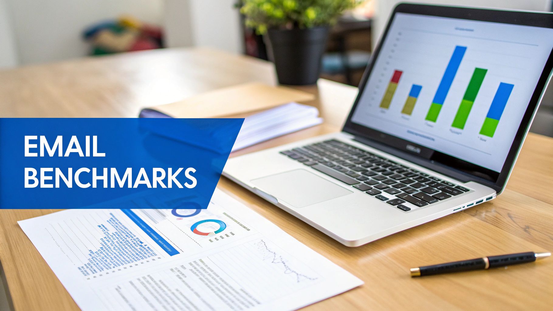 Laptop on a wooden desk displaying email benchmark charts, with a document and pen.