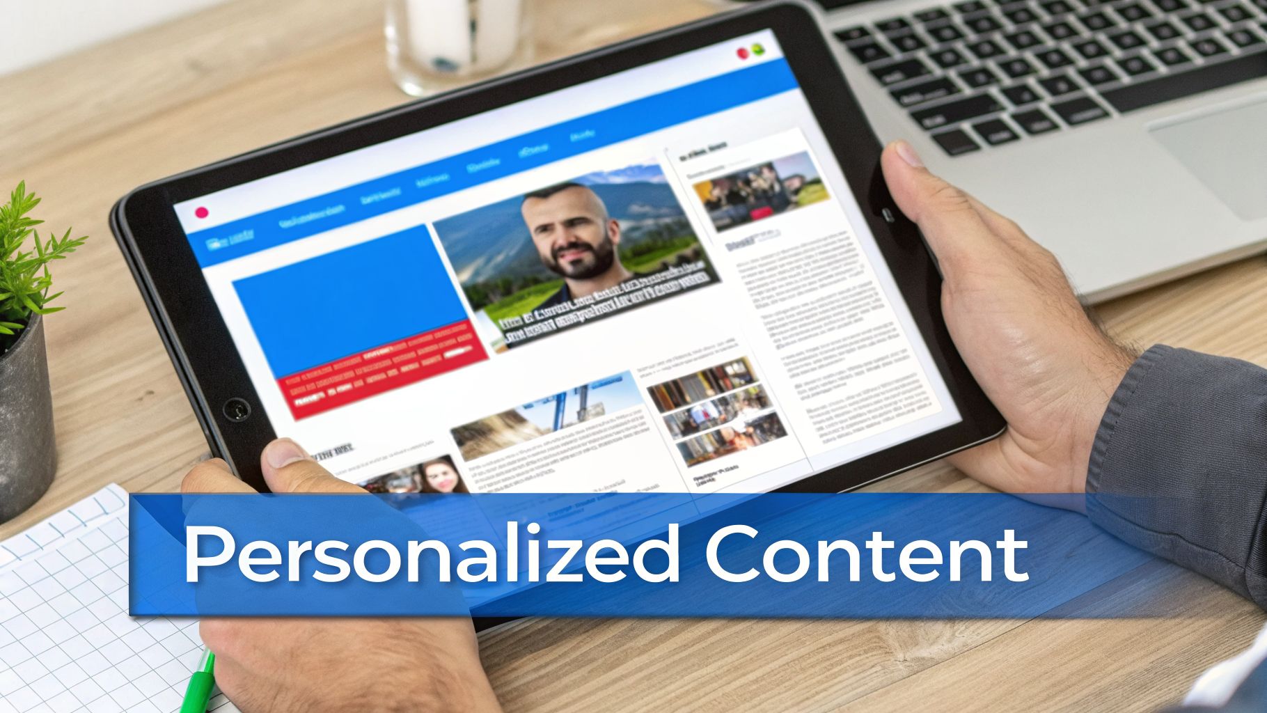 A person views a website on a tablet displaying various content, representing personalized content.