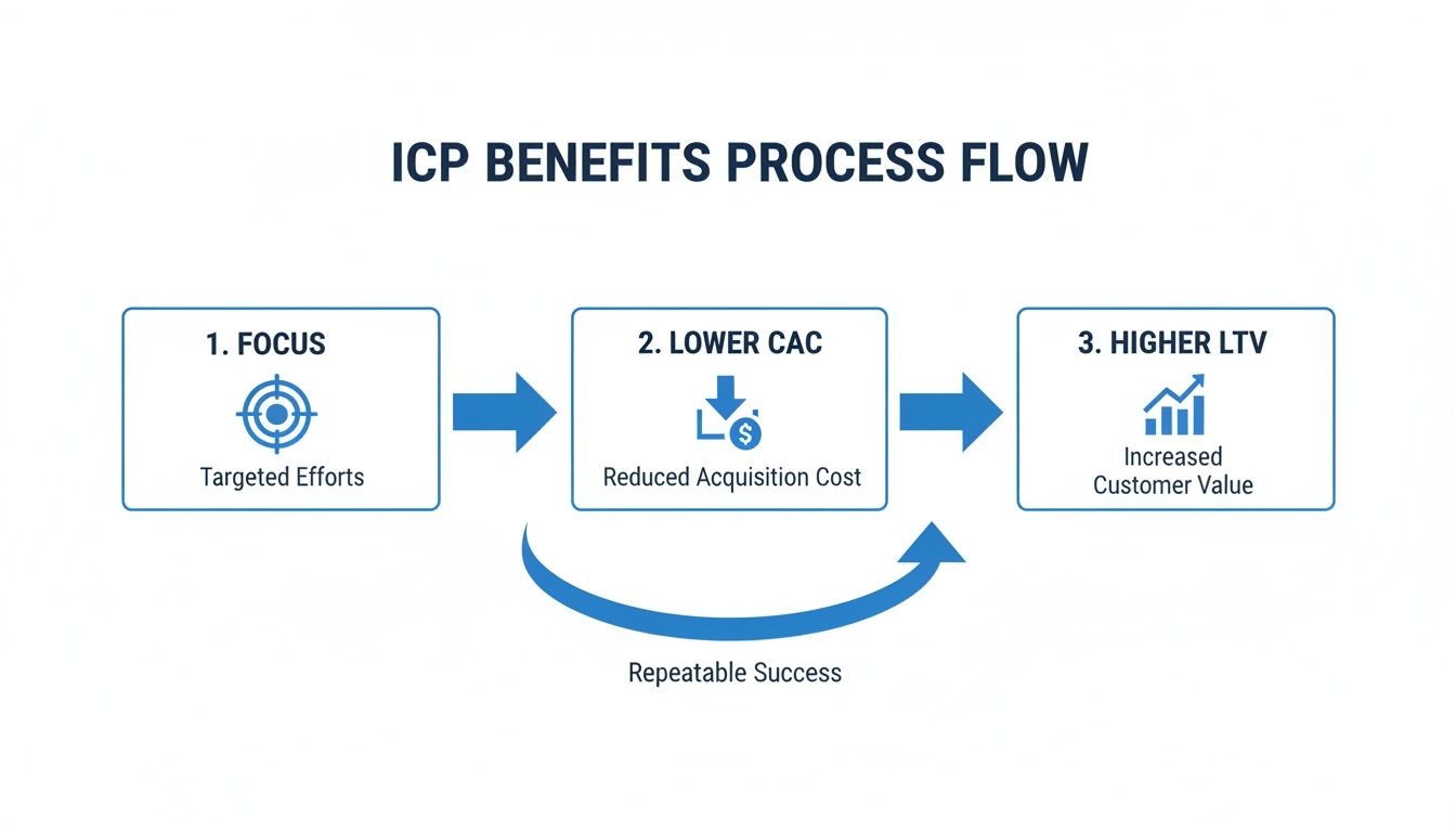 Process flow illustrating ICP benefits: targeted efforts lead to lower acquisition costs and higher customer value.
