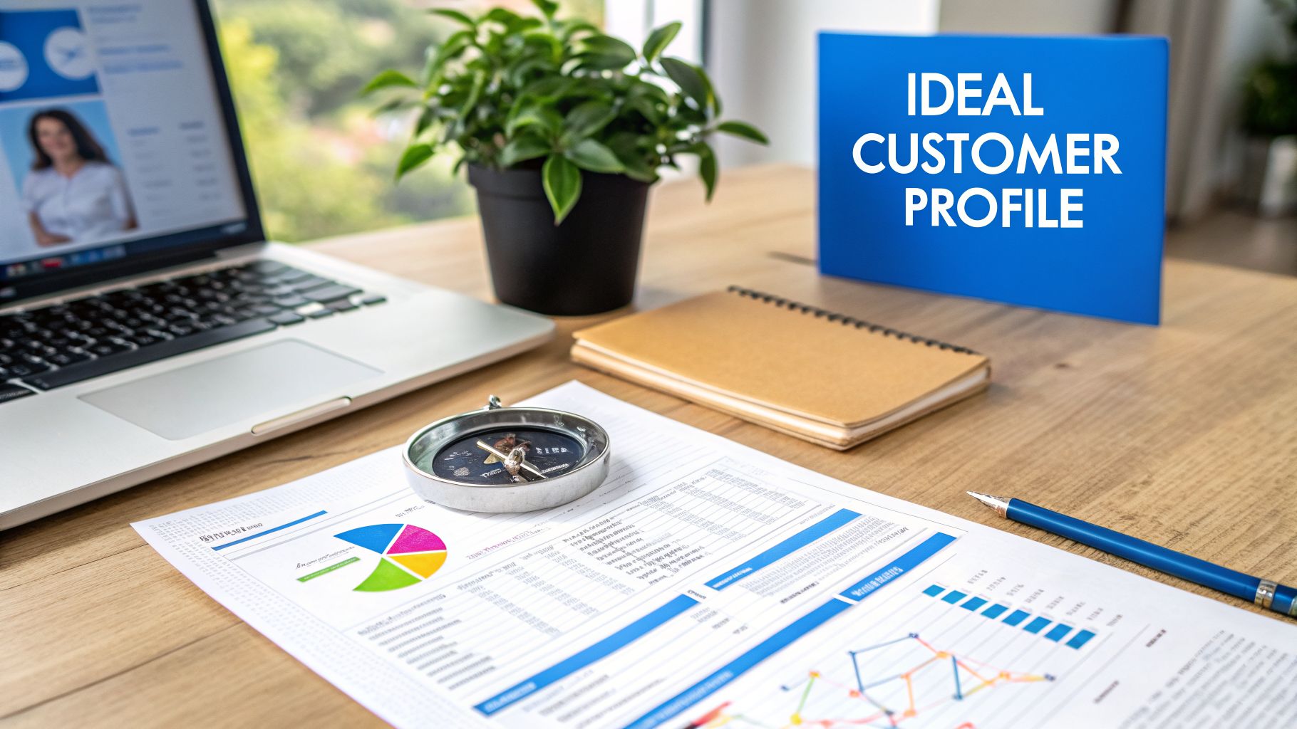 Desk setup with a laptop, business charts, a compass, and an 'Ideal Customer Profile' sign.