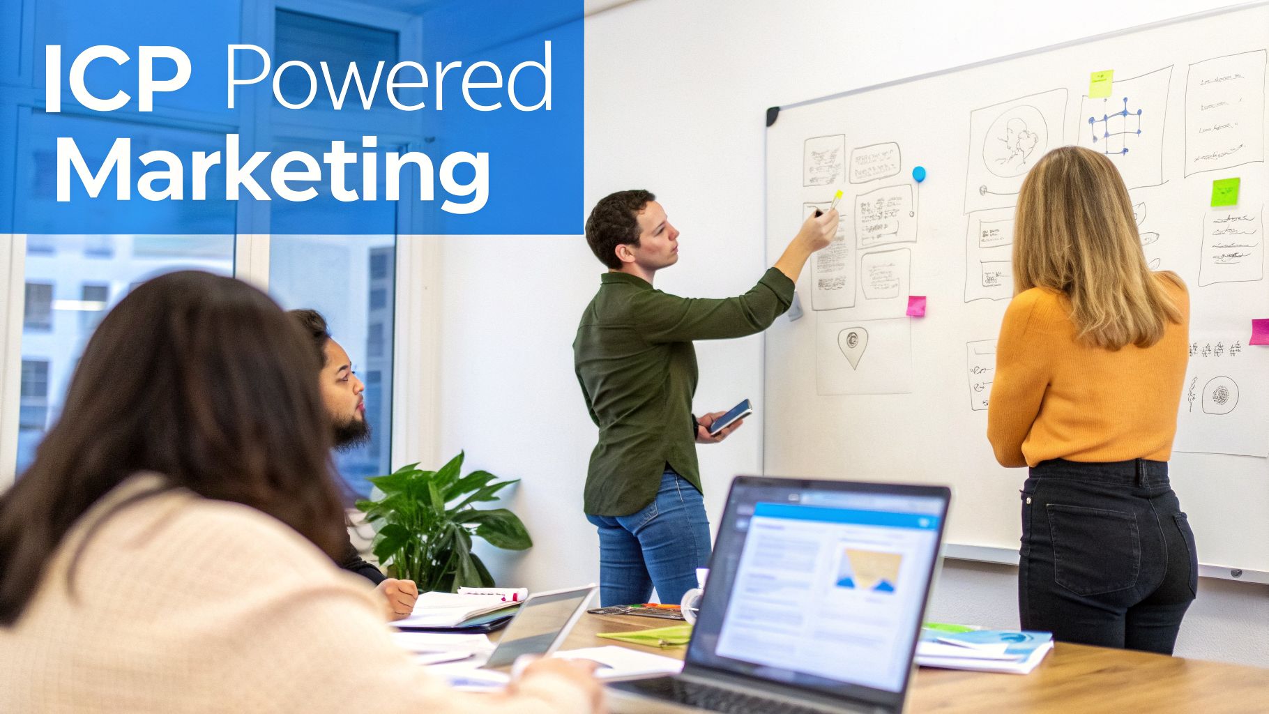A team collaborates on a whiteboard in an office, discussing ICP powered marketing strategies.