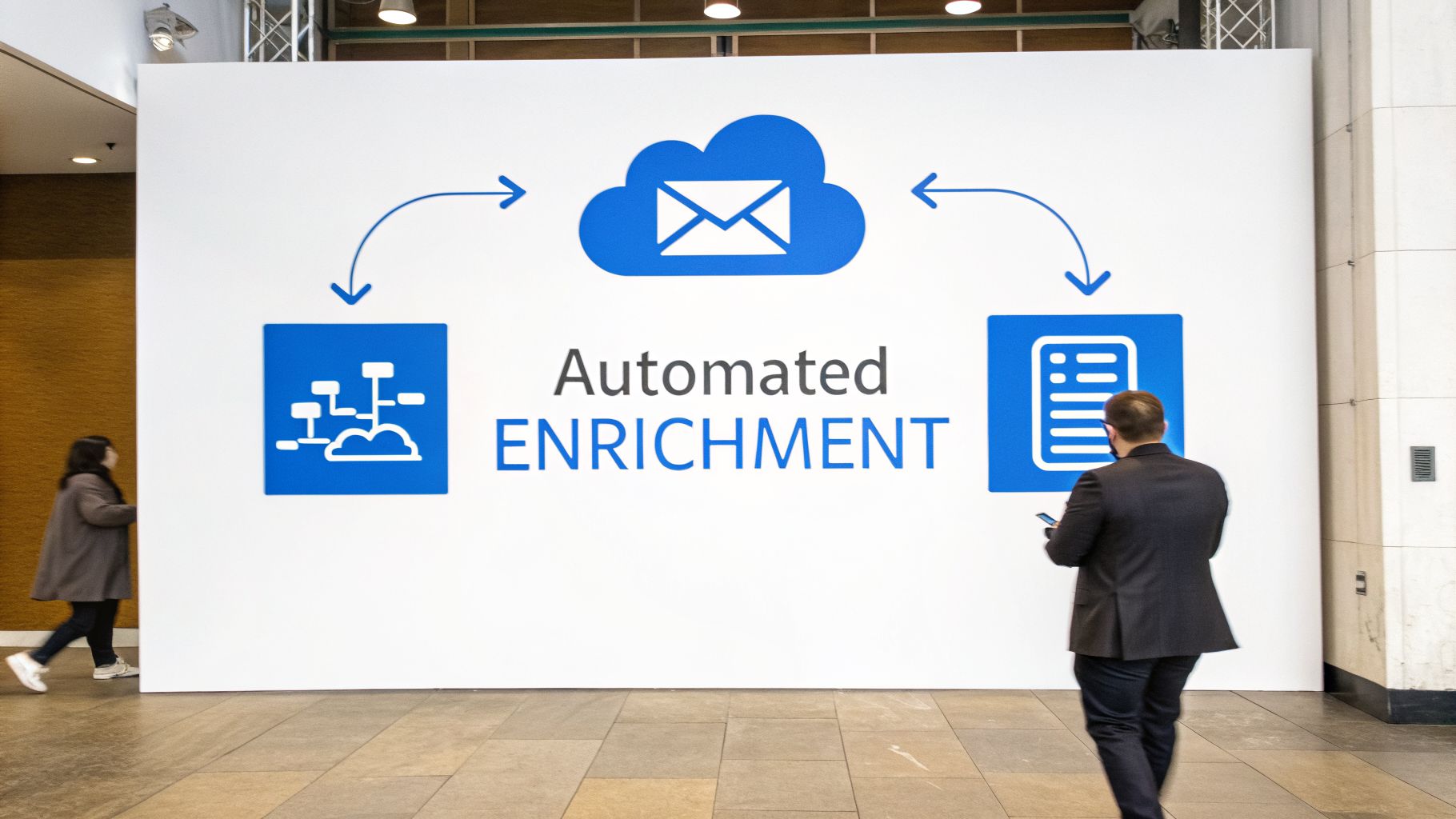 A wall display explaining 'Automated ENRICHMENT' with a cloud, email, data process, and document icons.