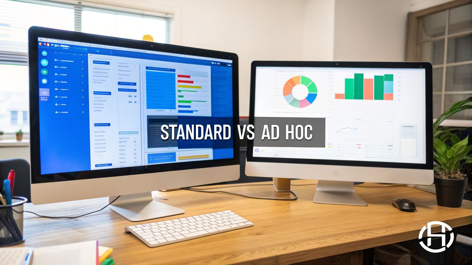 Two computer monitors on a wooden desk displaying business intelligence dashboards for standard vs ad hoc reporting.